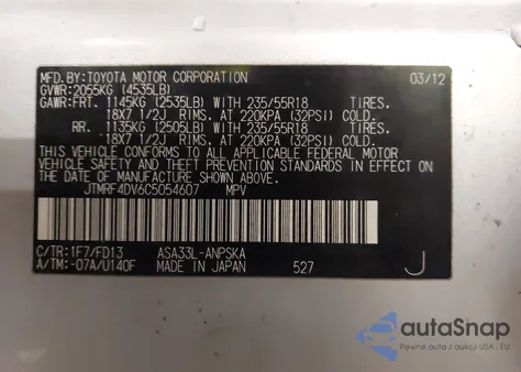 2012 Toyota Rav4 Sport z USA, uszkodzony, nr VIN JTMRF4DV6C5054607